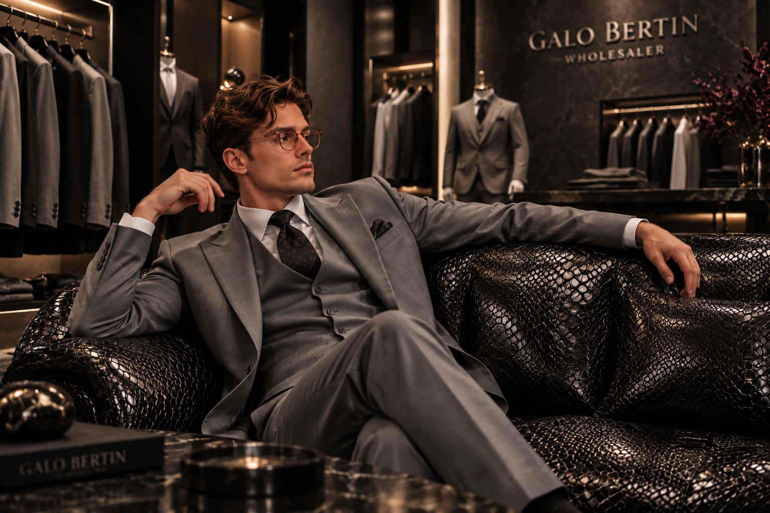 Modelo Galo Bertin con traje gris en el showroom de la marca