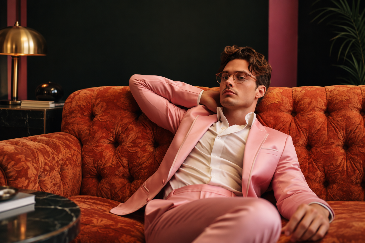 Modelo Galo Bertin con traje rosa sentado en un sofa