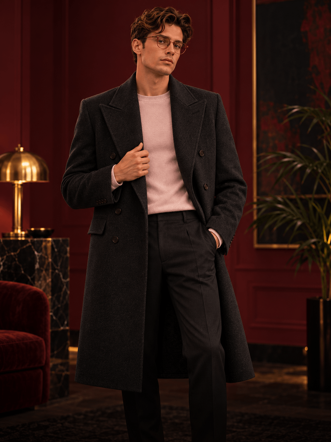 Modelo con abrigo largo oscuro y suéter rosa