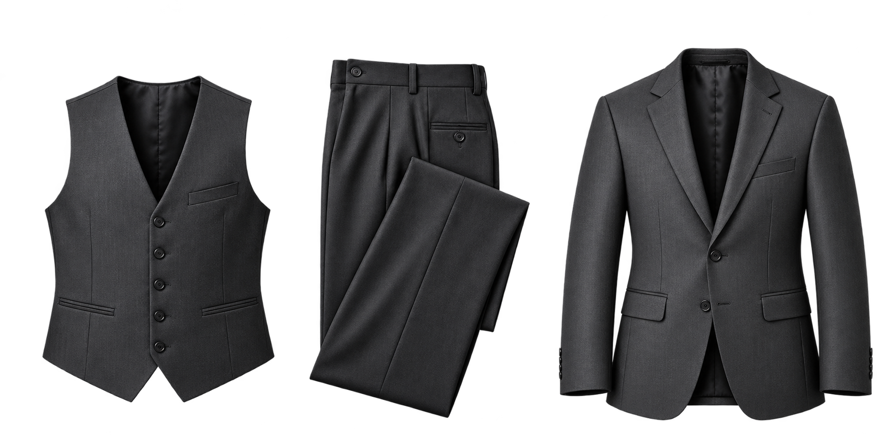 Composición ilustrativa de un kit: chaleco, pantalón y saco